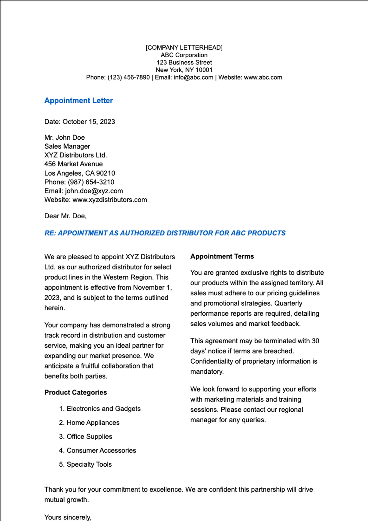 Formal business appointment letter template with company letterhead and agent designation_variant_2